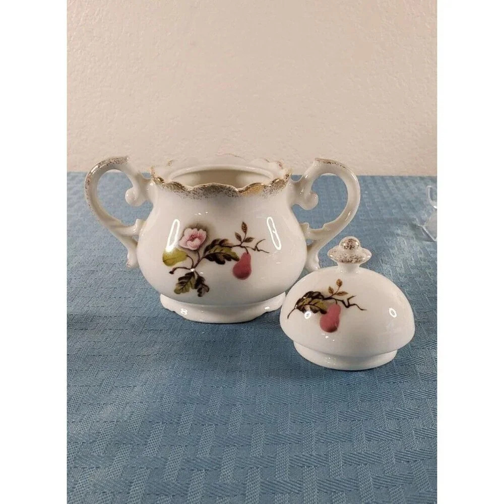 LEFTON CHINA SUGAR BOWL W/LID PAER FLORAL LEAF PATTERN NE 4354 Hand Panted - Picture 6 of 8